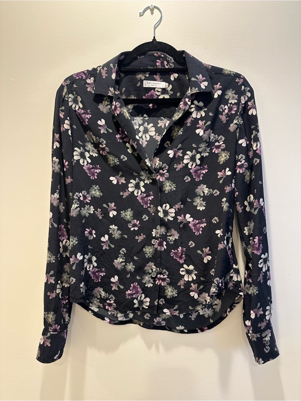 Equipment Black Floral Button-Down Shirt with Purple and White Blossoms